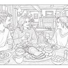 Illustration: Drei Personen an einem Tisch in einer gemütlichen Gaststätte, teilen ein großes Essen mit Getränken.
