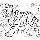 Illustration eines lächelnden, jungen Tigers, umgeben von tropischen Pflanzen.