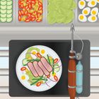 Eine Illustration von Salatzutaten: Gurken, Tomaten, Salat, Eier. Ein Teller mit Speisen und eine Taucherausrüstung daneben.