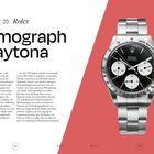 Großer Text: "Cosmograph Daytona". Links Beschreibung der Uhr und Geschichte. Rechts Bild einer silbernen Armbanduhr.