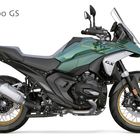 "BMW R 1300 GS 2023" steht über einem grünen Motorrad mit goldenen Felgen und einer sportlichen, robusten Erscheinung.