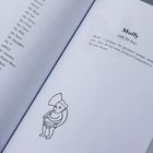 Rechts: "Muffy (MUH-fee)" mit Beschreibung. Links: Liste mit Namen. Unten rechts eine einfache, skizzenhafte Figur.
