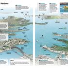 „Sydney Harbour“, gefolgt von Beschreibungen zu Orten wie Taronga Zoo, Manly, Kirribilli, Watsons Bay, Fort Denison, Circular Quay. Es gibt Tipps zur Erkundung und Anfahrt. Eine detaillierte Illustration der Umgebung zeigt markante Punkte und Wasserwege.