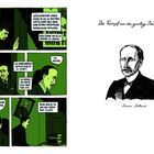 "Der Kampf um die geistige Brüderschaft" und "Romain Rolland", links Comicszene mit Dialogen, rechts Porträt eines Mannes.