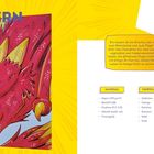 "WYVERN" in lila Text. Ein roter Drache, ein Wyvern, auf gelbem Hintergrund. Text zu Materialien und Farben: Papier, Bleistift, Rot.