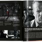 Texte erwähnen „Sin City“, Figuren wie Dwight und Hartigan, Zitate aus einem Film. Schwarz-weiße Fotos; Stadtansicht, Menschengesichter.