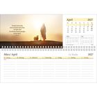 Text: "Fürchte dich nicht, denn ich habe dich erlöst; ich habe dich bei deinem Namen gerufen; du bist mein. Jesaja 43,1"

Kalender zeigt April 2027. Silhouette einer Person mit Stab und Schaf im Sonnenuntergang.