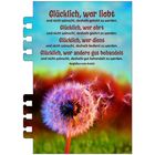 Zitate von Aegidius von Assisi über Glück im Leben. Hintergrund: bunte Illustration mit Pusteblume.