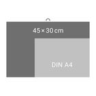 Text: "45 × 30 cm", "DIN A4". Illustration zeigt einen großen grauen Bereich mit kleinerem, helleren Rechteck rechts unten.