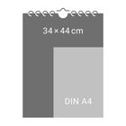 Text: "34×44 cm" oben in größerem Rechteck, "DIN A4" unten in kleinerem Rechteck. Spirale oben.