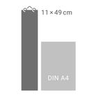 Text: "11 × 49 cm", "DIN A4". Illustration zeigt ein schmales vertikales Rechteck neben einem DIN A4-Rechteck.