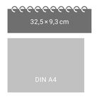Oben: "32,5×9,3 cm" in einem dunklen Rechteck. Unten: "DIN A4" in einem helleren Rechteck. Spiralbindung oben.