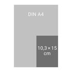 Zwei Rechtecke: Großes mit "DIN A4", kleines mit "10,3 × 15 cm", zeigt Größenvergleich.