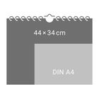 Ein rechteckiges Design zeigt „44 × 34 cm“ und „DIN A4“, mit Spiralbindung an der Oberseite.