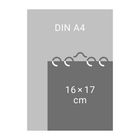Text "DIN A4", darunter Block mit "16×17 cm" und Spiralbindung. Vergleich von Papierformaten.