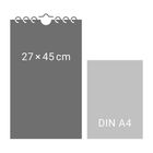 Links "27×45 cm", rechts "DIN A4". Darstellung eines Notizblocks und eines A4-Blatts zum Größenvergleich.