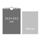 Links steht "23,5 × 33,5 cm", rechts "DIN A4". Diagramm zweier Größenvergleiche mit Spiralbindung.