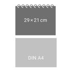 Oben: "29×21 cm" unter Spiralbindung. Unten: "DIN A4" auf grau.