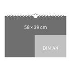 Oben: "58 × 39 cm". Unten rechts: "DIN A4". Darstellung von Größenverhältnissen zweier Rechtecke.