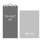 Links steht "16 × 34,7 cm". Rechts "DIN A4". Das sind zwei Rechtecke, eins mit Spiralbindung oben.