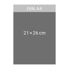Text "DIN A4" oben, "21×26 cm" in der Mitte auf grauem Hintergrund.