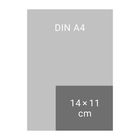 Text: "DIN A4", "14×11 cm". Illustration eines A4-Blatts mit kleinerem rechteckigen Bereich unten rechts.