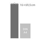 16 × 69,5 cm neben DIN A4. Eine lange, graue Fläche steht senkrecht neben einem kleineren, helleren Rechteck.