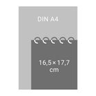 "DIN A4" und "16,5 × 17,7 cm" dargestellt; Skizze mit Spiralbindung oben.