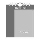 Text: "30 × 35 cm", "DIN A4". Illustration zeigt eine Spiralbindung über zwei unterschiedlich große Rechtecke.