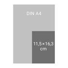 Graues Rechteck mit "DIN A4", kleineres schwarzes Rechteck mit "11,5×16,3 cm" überlagert es teilweise.