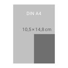 Text: "DIN A4", "10,5×14,8 cm". Graues Rechteck mit kleinerem, dunklerem Quadrat rechts unten.