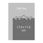 Graue Illustration, Text "DIN A4" oben, "17,5 × 17,5 cm" in der Mitte auf einem dunkleren Quadrat, Spiralbindung angedeutet.