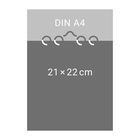 Text "DIN A4" oben, "21×22 cm" unten, darunter spiralförmige Bindung. Schlichtes, graues Design.