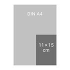 Oben "DIN A4", rechts "11 × 15 cm". Größenvergleich: kleineres Rechteck überlappt größeres.