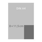 Text: "DIN A4" oben, "8 × 11,5 cm" unten. Illustration eines grauen Rechtecks mit dunklerem Quadrat rechts unten.