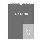 Text „49 × 68 cm“ und „DIN A4“. Illustration eines Kalenders mit Größe im Vergleich zu A4.