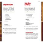 "MERCURIO", "SANCA SPRITZ", beide Cocktails mit Zutaten und Rezepten beschrieben. Bilder zeigen Glas mit Getränk und Statue.
