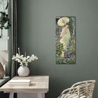 Text: "IMPRESSIONISTEN". Illustration: Frau mit Sonnenschirm in blühendem Garten, farbenfroh und impressionistisch. Wanddekoration.