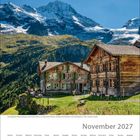 November 2027. Das Berghotel Obersteinberg vor schneebedeckten Bergen in den Berner Alpen. Kalender mit Landschaft.