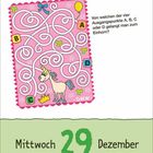 Text: "Von welchen der vier Ausgangspunkte A, B, C oder D gelangt man zum Einhorn? Mittwoch 29 Dezember." Illustration: Labyrinth mit Einhorn.