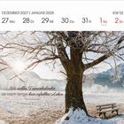 KW 52: Montag 27.12.2027 bis Sonntag 2.1.2028. Zitat: "Ein voller Terminkalender ist noch lange kein erfülltes Leben." - Kurt Tucholsky. Winterlandschaft mit Baum und Bank.