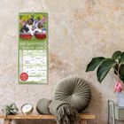 Auf einem Wandkalender steht "AUF SAMTPFOTEN DURCHS JAHR" mit einem Bild von zwei Kätzchen. Tisch mit Kissen und Pflanze daneben.