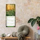 Ein Kalender mit dem Titel „Augenblicke der Stille“. Im Hintergrund ein Waldmotiv mit Sonnenlicht.