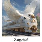 Text: "ZugVogel" und "November 2027". Illustration eines Zugs mit einem Vogelkörper und Flügeln.