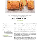 Text über Rezept für "Keto-Toastbrot". Zutatenliste, Zubereitung in Schritten, Abbildung von geschnittenem Brotlaib.