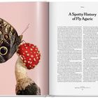 Titel: "A Spotty History of Fly Agaric". Links ein Schmetterling auf einem Fliegenpilz vor rosa Hintergrund. Rechts Text.
