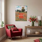 "Claude Monet, Farbe und Licht, 2027." Illustration eines Monet-Gemäldes über einem roten Sessel und einem Tisch mit Blumen.