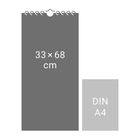 Links steht "33 × 68 cm" auf einem grauen Rechteck, daneben ein kleineres mit "DIN A4". Oben spiralförmiger Rand.