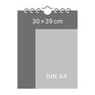 Oben: „30 × 39 cm“, unten: „DIN A4“. Illustration eines Hängesystems für Papier.