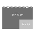 Text: "68 × 49 cm" und "DIN A4". 

Illustration eines rechteckigen Formats mit Spiralbindung oben.